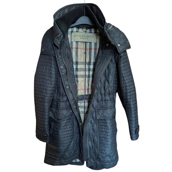 Burberry Brit Finsbridge Quilted Black Coat Small Belted Hooded Jacket Outerwear - Picture 4 of 6
